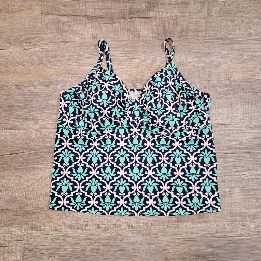 Lands End Womens 22W Tankini Swim Top Blue White Floral Damask